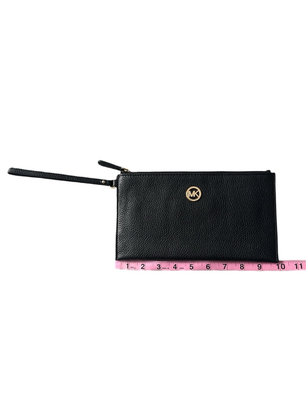 Michael Kors Black Pebbled Leather Zip Wristlet With Gold Logo